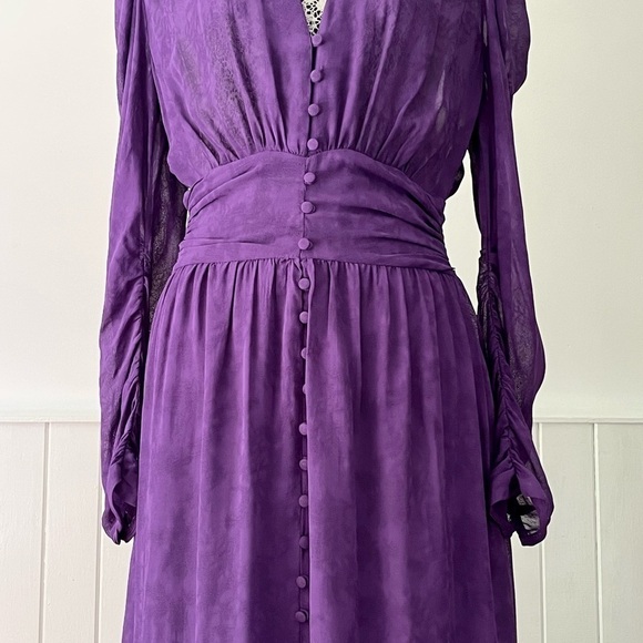 Zara Purple Jacquard Pleated Puff Sleeve Midi Dress Size S - Picture 3 of 16